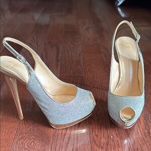 Elegant Silver Peep-Toe Slingback Heels